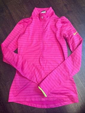NIKE Womens size Small  Pink/ neon yellow long sleeve Quarter-Zip Dry fit top